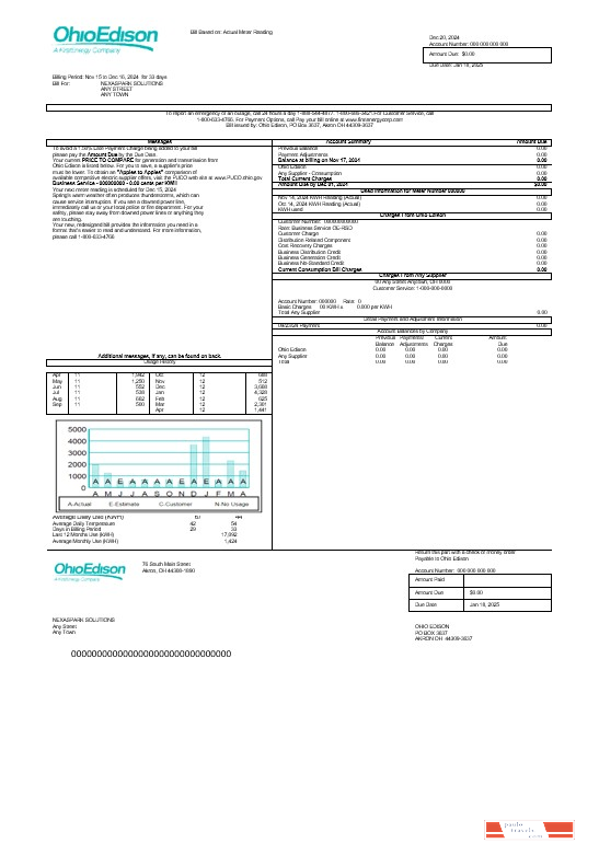 USA Ohio Edison business utility bill Word and PDF template PSD template